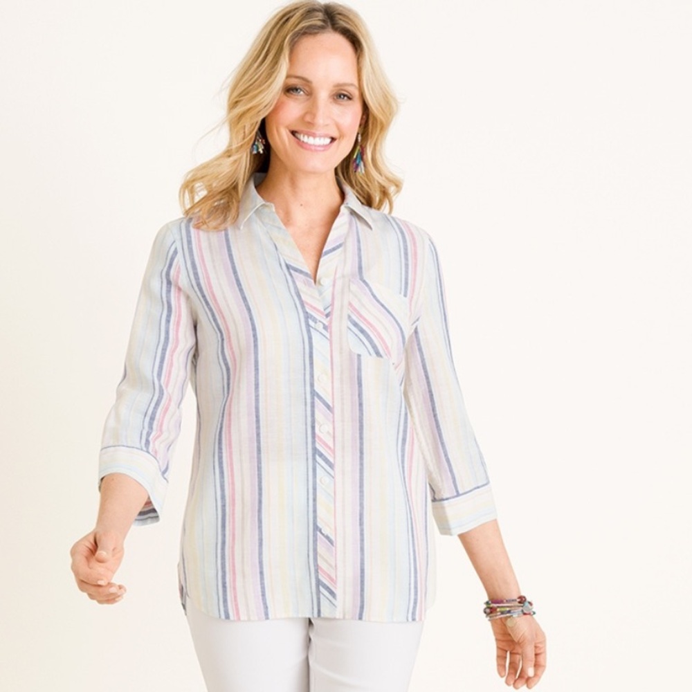 Chicos Button Down Shirt 3 16/18Multicolor Rainbow Stripe Linen Casual